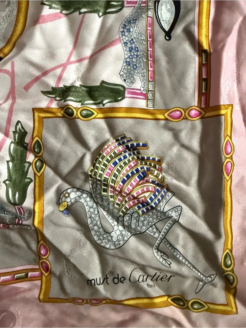 Vintage Must de Cartier Jewelry Animals Silk Scarf 34x34 pink